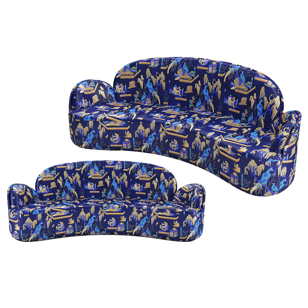 Strings Sofa, gepolstert mit blauem Jacquardstoff