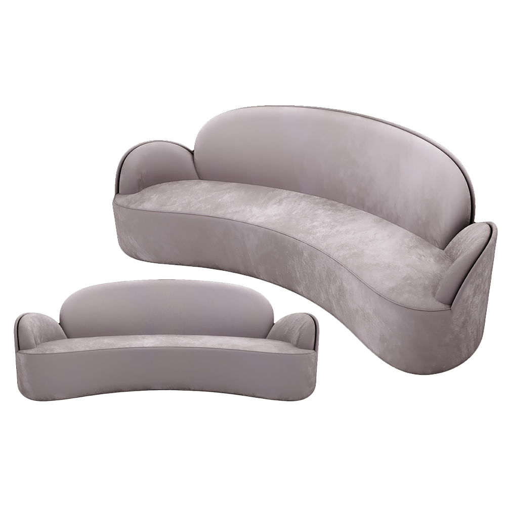 Strings Sofa Grey, ein luxuriöser Dreisitzer aus grauem Samt mit anmutigen Kurven.
