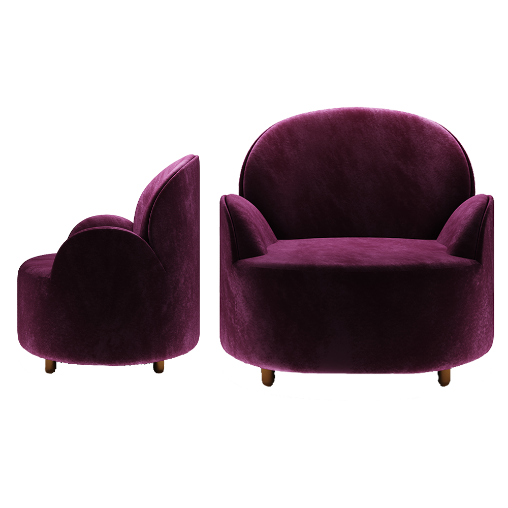 Strings Armchair Plum, ein eleganter Einsitzer aus tiefem pflaumenfarbenem Samt mit raffinierter Form.