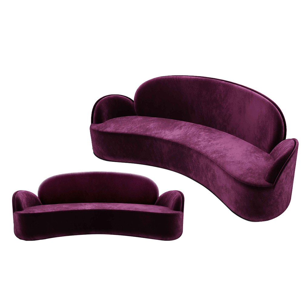 Strings Sofa Plum, ein königliches lila Samtsofa mit sanften Kurven und elegantem Design.