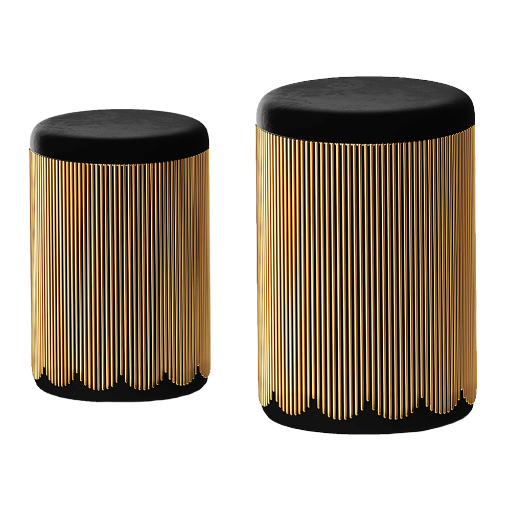Strings Pouffe Gold Black, ein schicker schwarzer Sitzpuff mit goldfarbenen Spitzendetails aus Stahl.