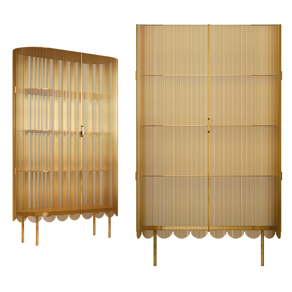 Strings Cabinet Gold, ein moderner Hochschrank mit goldfarbenen Spitzenverzierungen aus Stahl.