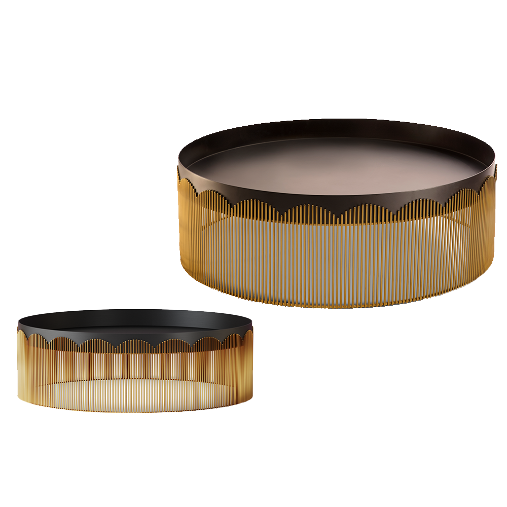 Strings Coffee Table, ein eleganter goldfarbener Metalltisch mit spitzeninspiriertem Design und Tablettplatte.