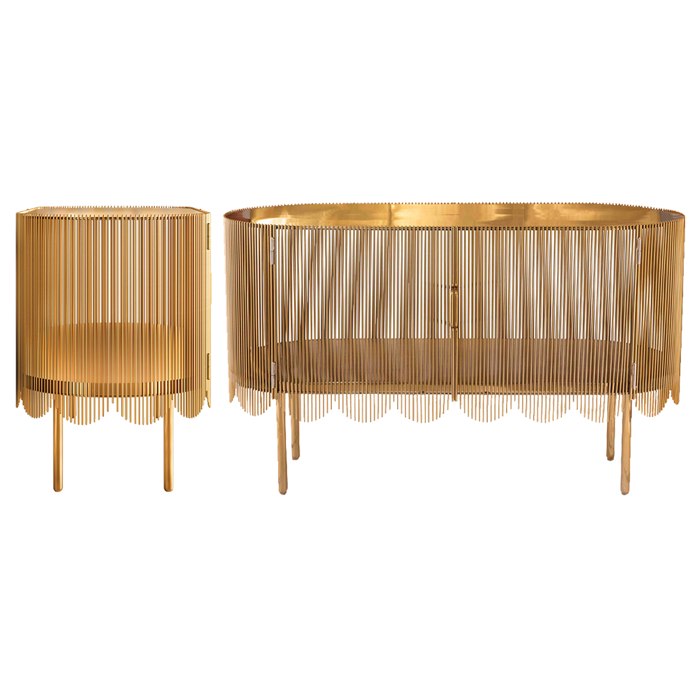 Strings Credenza, ein modernes Sideboard aus Metall mit Spitzenkanten und Doppeltüren.