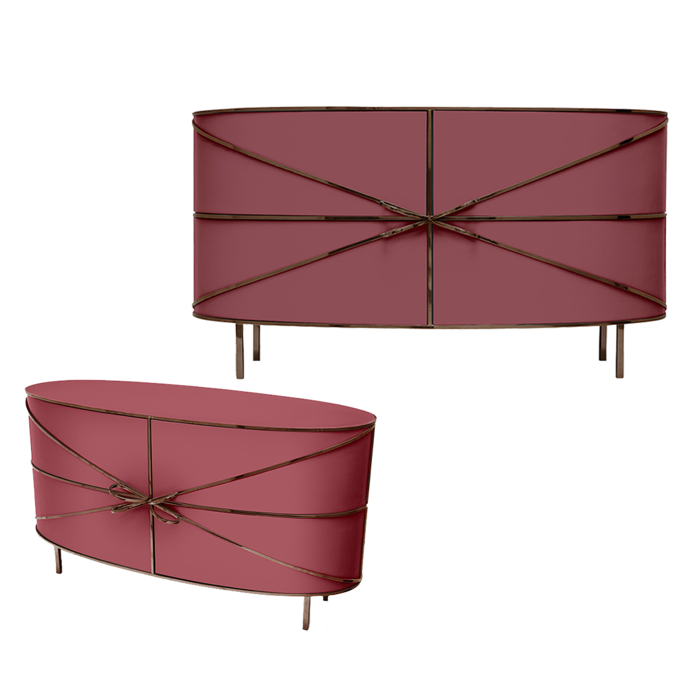 88 Secrets Sideboard Rosa Rose, ein rosafarbener Schrank mit rosafarbenen Metallbügelgriffen und weichen Linien.