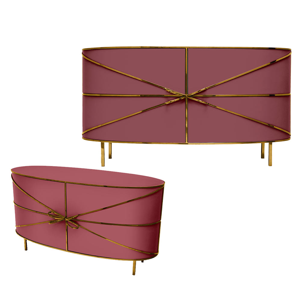 88 Secrets Sideboard Rosa Oro, ein eleganter rosafarbener Schrank mit goldenen, bogenförmigen Griffen.