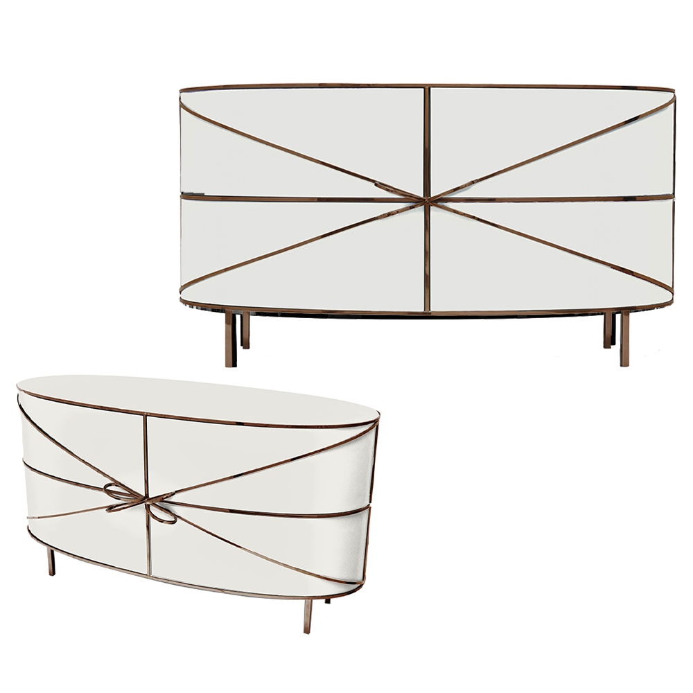 88 Secrets Sideboard Bianco Rose, ein weißer Schrank mit roséfarbenen Metallleisten und weichen Konturen.