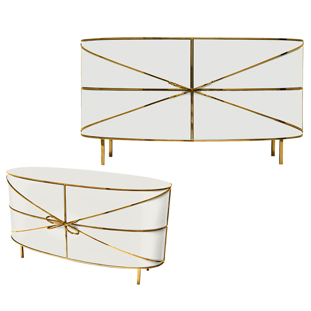 88 Secrets Sideboard Bianco Oro, ein eleganter weißer Schrank mit goldenen Details.