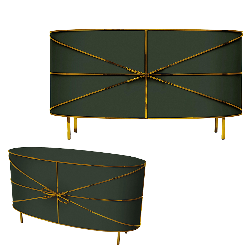 88 Secrets Sideboard Verde Oro, ein tiefgrüner Schrank mit eleganten Goldverzierungen.