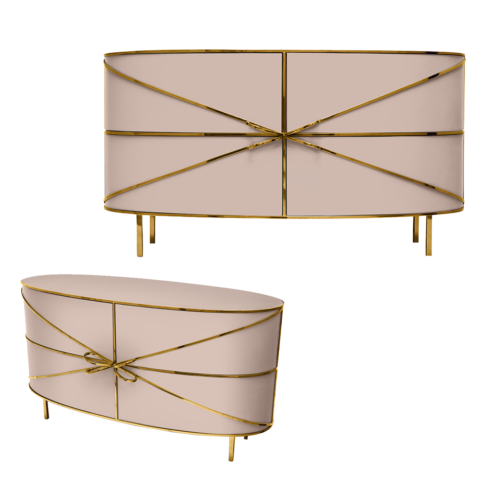88 Secrets Sideboard Blush Oro, ein eleganter rosafarbener Schrank mit goldenen Zierleisten und weichen, sinnlichen Linien.