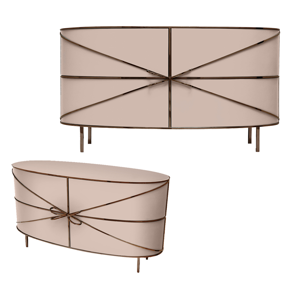 88 Secrets Sideboard Blush Rose, ein schicker rosafarbener Schrank mit roséfarbenen Metallverzierungen und raffinierten Konturen.
