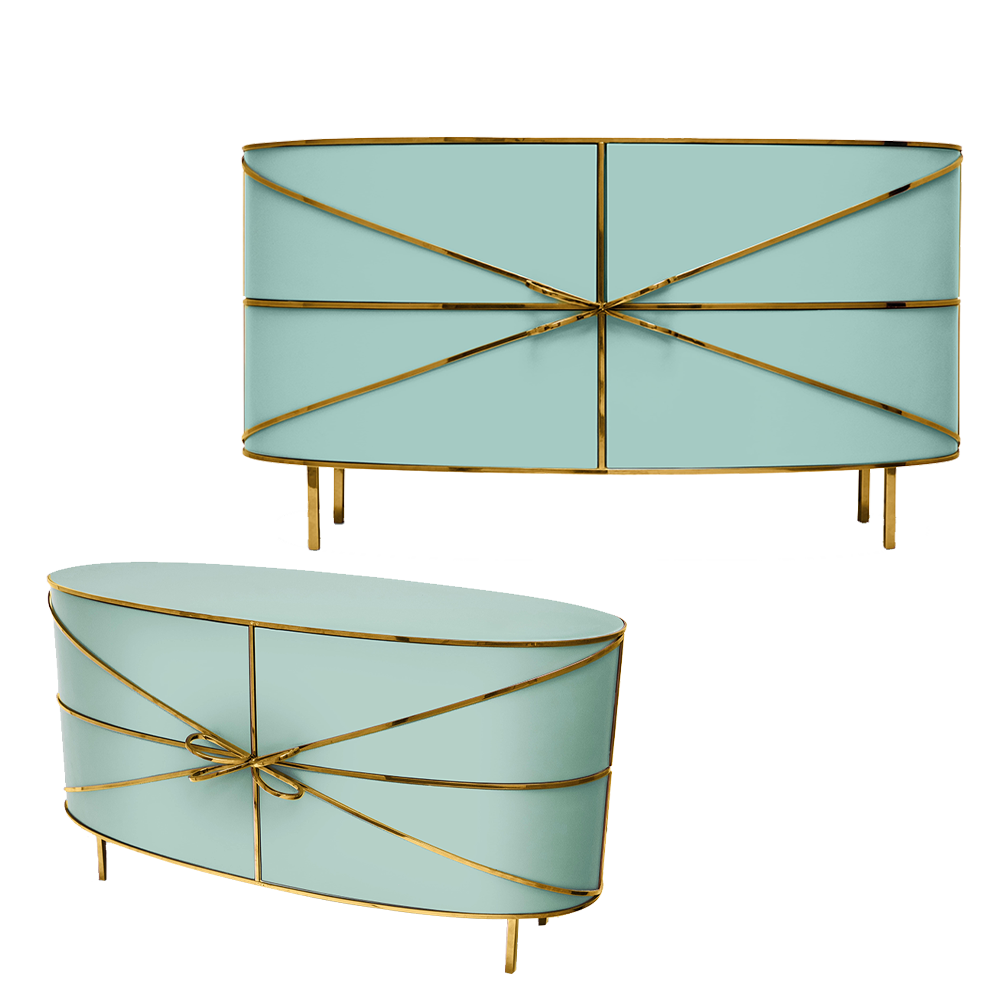 88 Secrets Sideboard Jade Oro, ein mintgrüner Schrank mit goldenen Zierleisten und glatten modernen Linien.