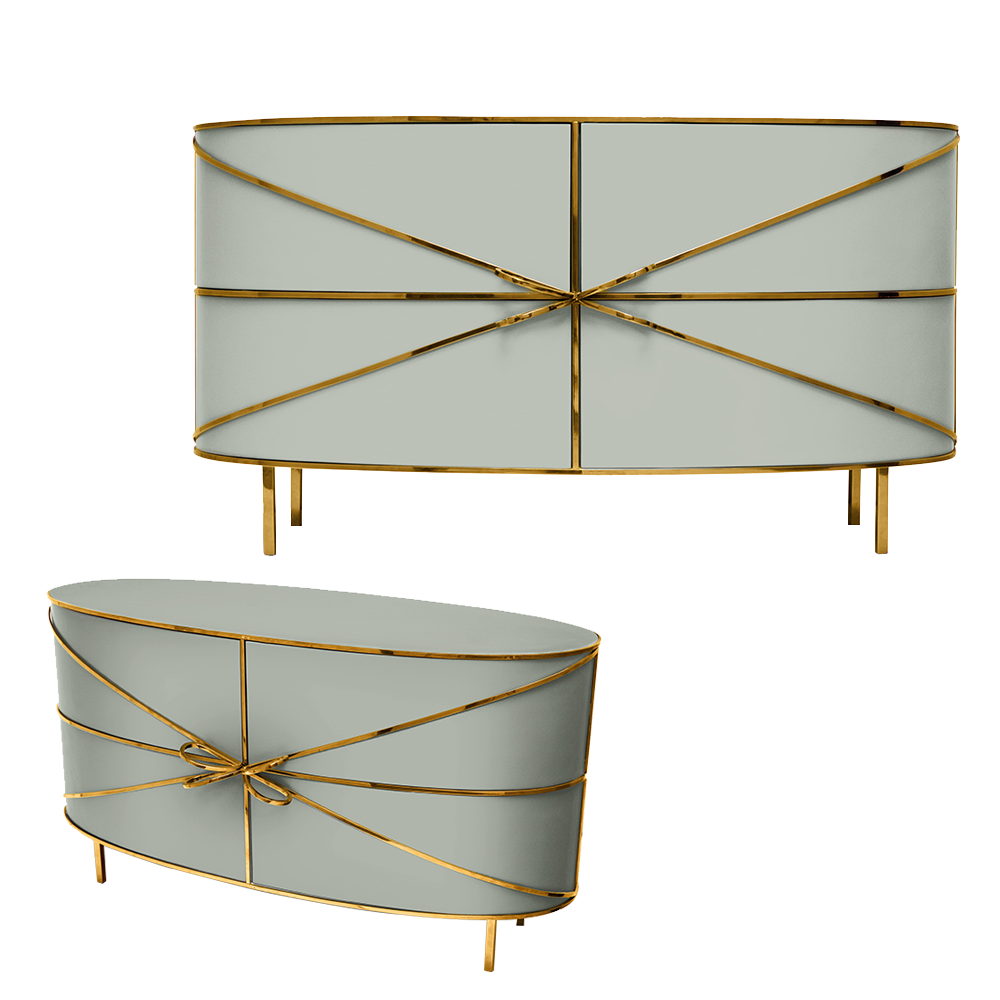 88 Secrets Sideboard Blanche Oro, ein grauer Schrank mit goldenen Zierleisten und eleganten, sinnlichen Linien.
