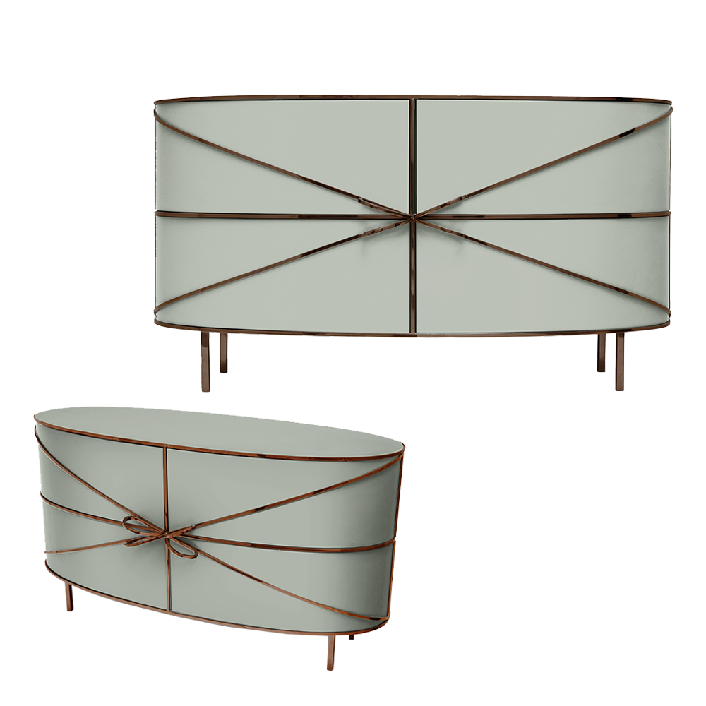 88 Secrets Sideboard Blanche Rose, ein schicker grauer Schrank mit roséfarbenen Metallleisten und glatten Linien.