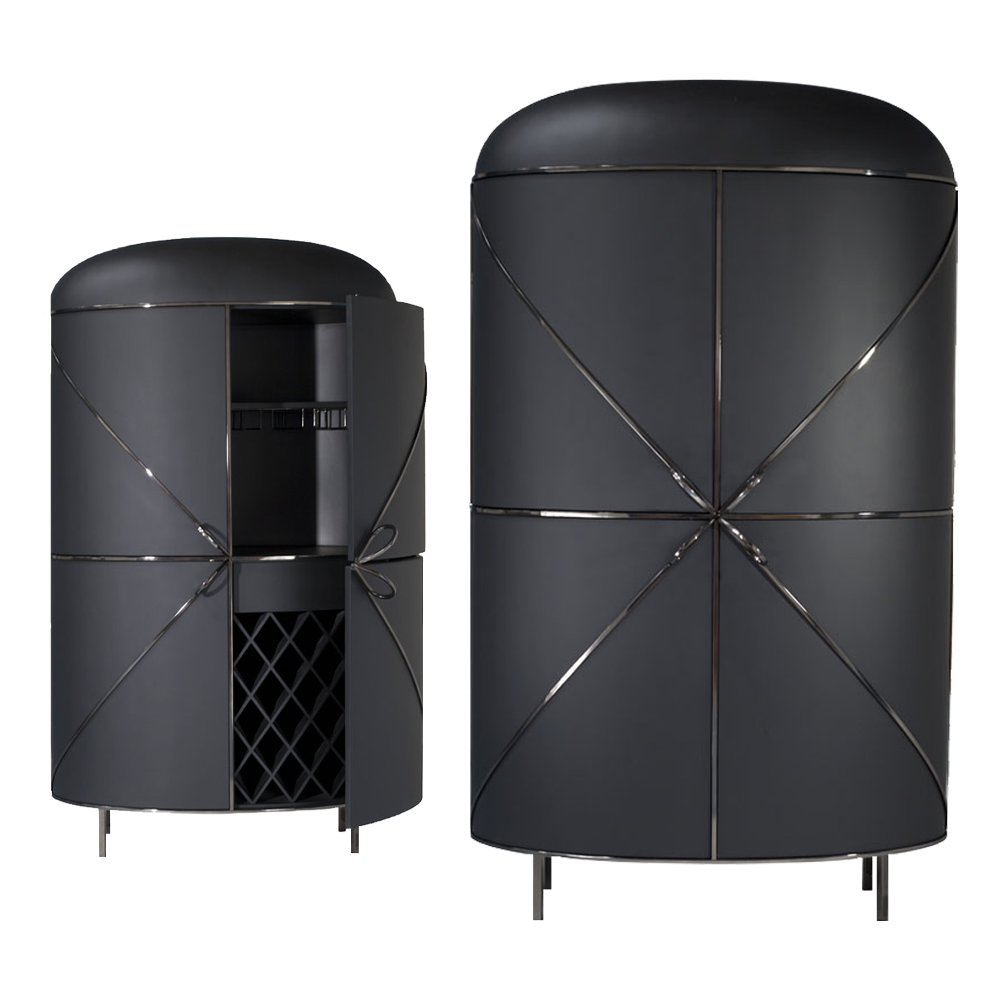 88 Secrets Bar Nero Black, ein mattschwarzer Barschrank mit eleganten schwarzen Metallverkleidungen.