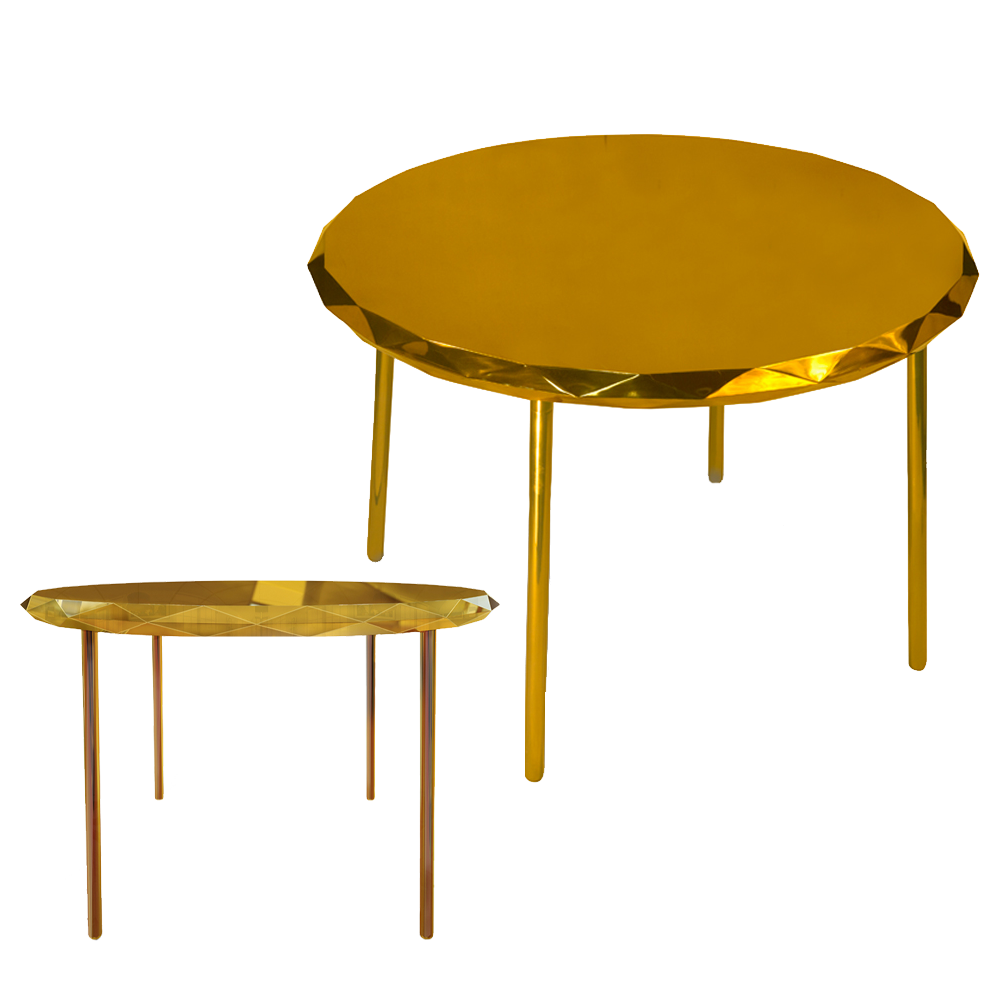 Stella Dining Table Oro, ein goldener runder Tisch mit sternenklaren Kanten und schlanken Beinen.
