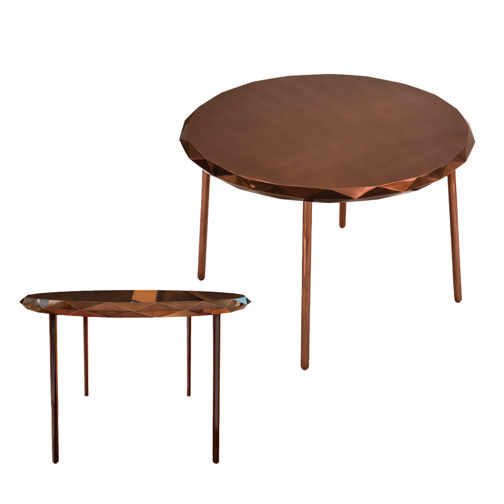 Stella Dining Table Rose, ein runder Tisch aus Roségold mit sternenklaren Kanten und eleganten Linien.
