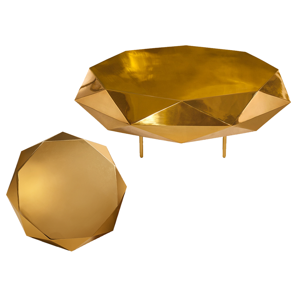 Stella Coffee Table Large Oro, ein runder goldener Tisch mit sternenklaren Kanten, luxuriös und modern.