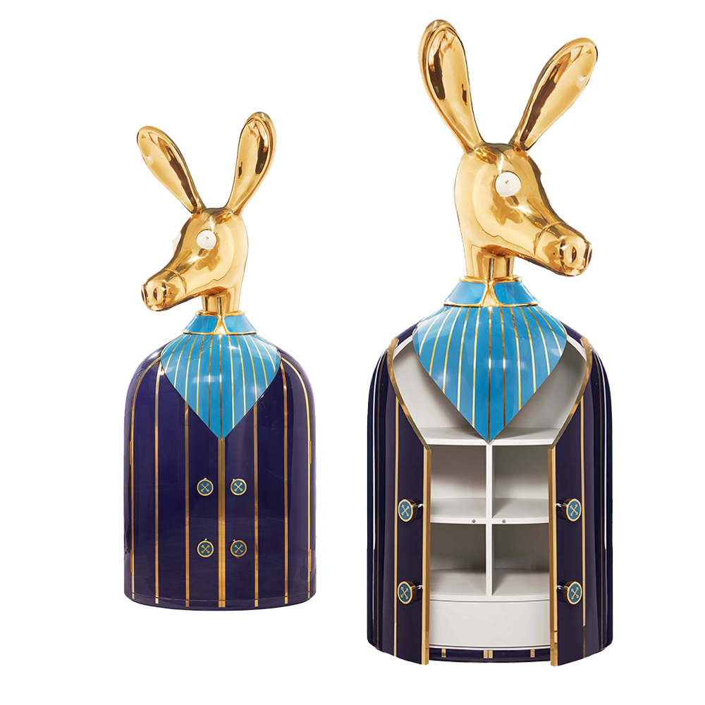 Signor Ciuco Blu Cabinet, ein skurriles Kabinett mit Eselskopf aus Messing und blauem Harzkorpus.