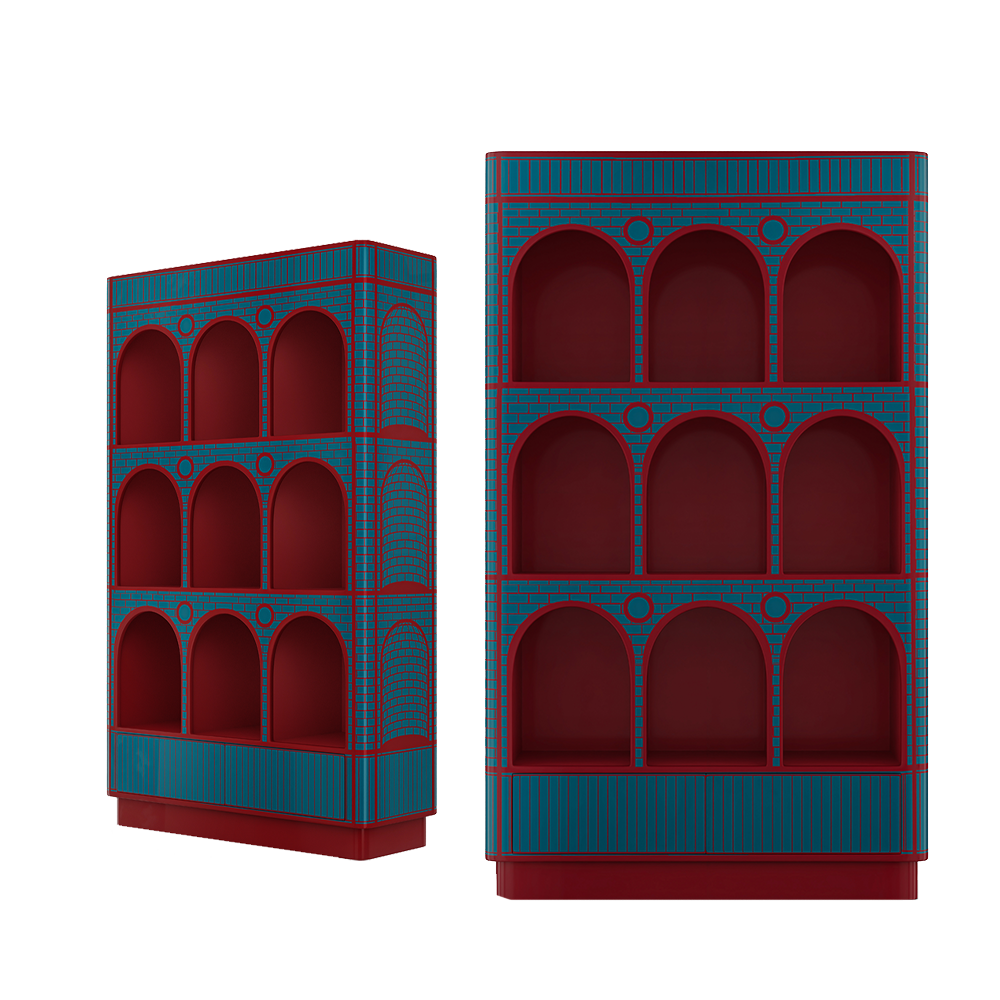Der Count Berry, ein hoher Schrank in Rot und Blaugrün mit gewölbten Regalen und eleganter Struktur.