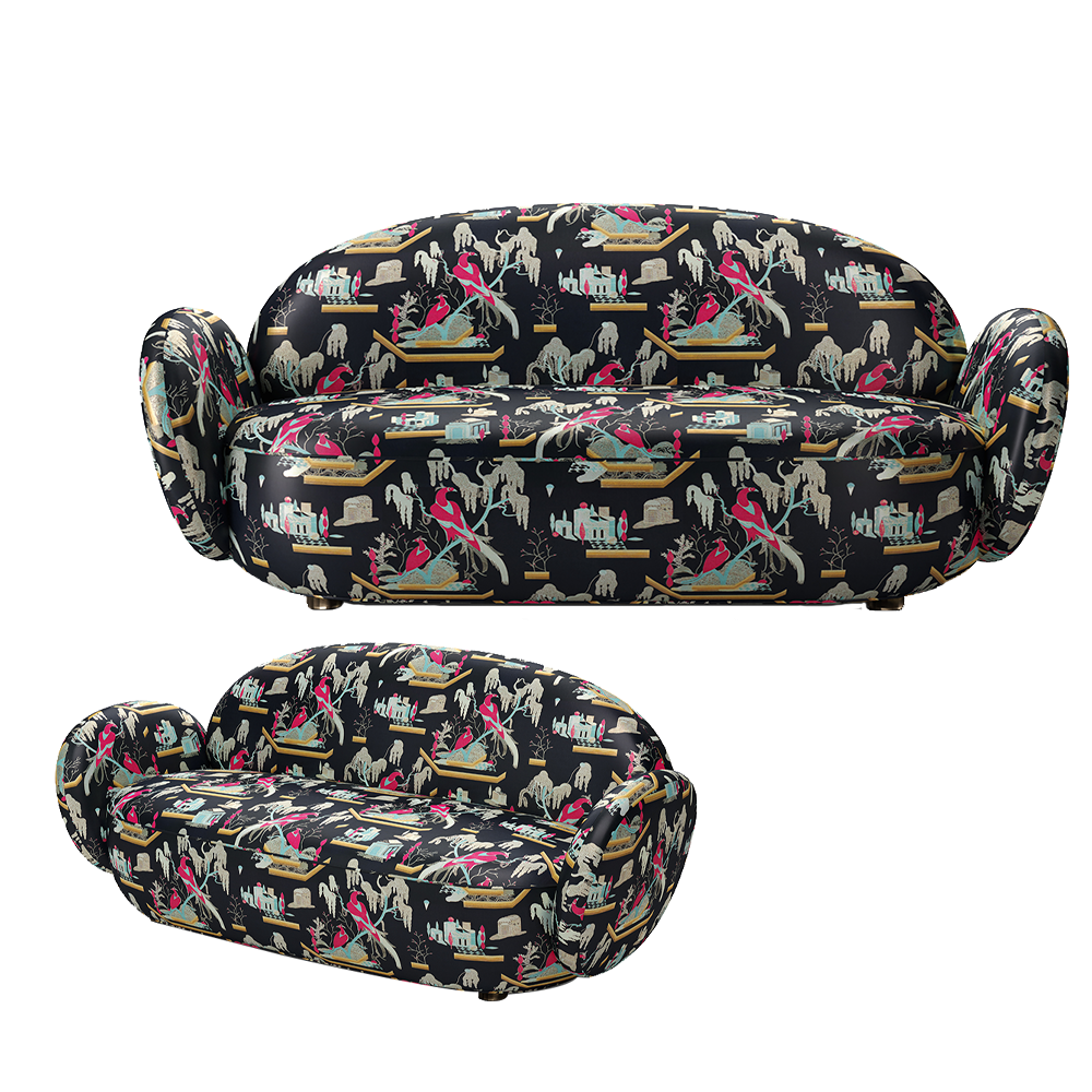 Dolce Sofa Black Pink, ein kurvenreicher Dreisitzer aus plüschigem schwarz-rosafarbenem Jacquard von Dedar Milano.