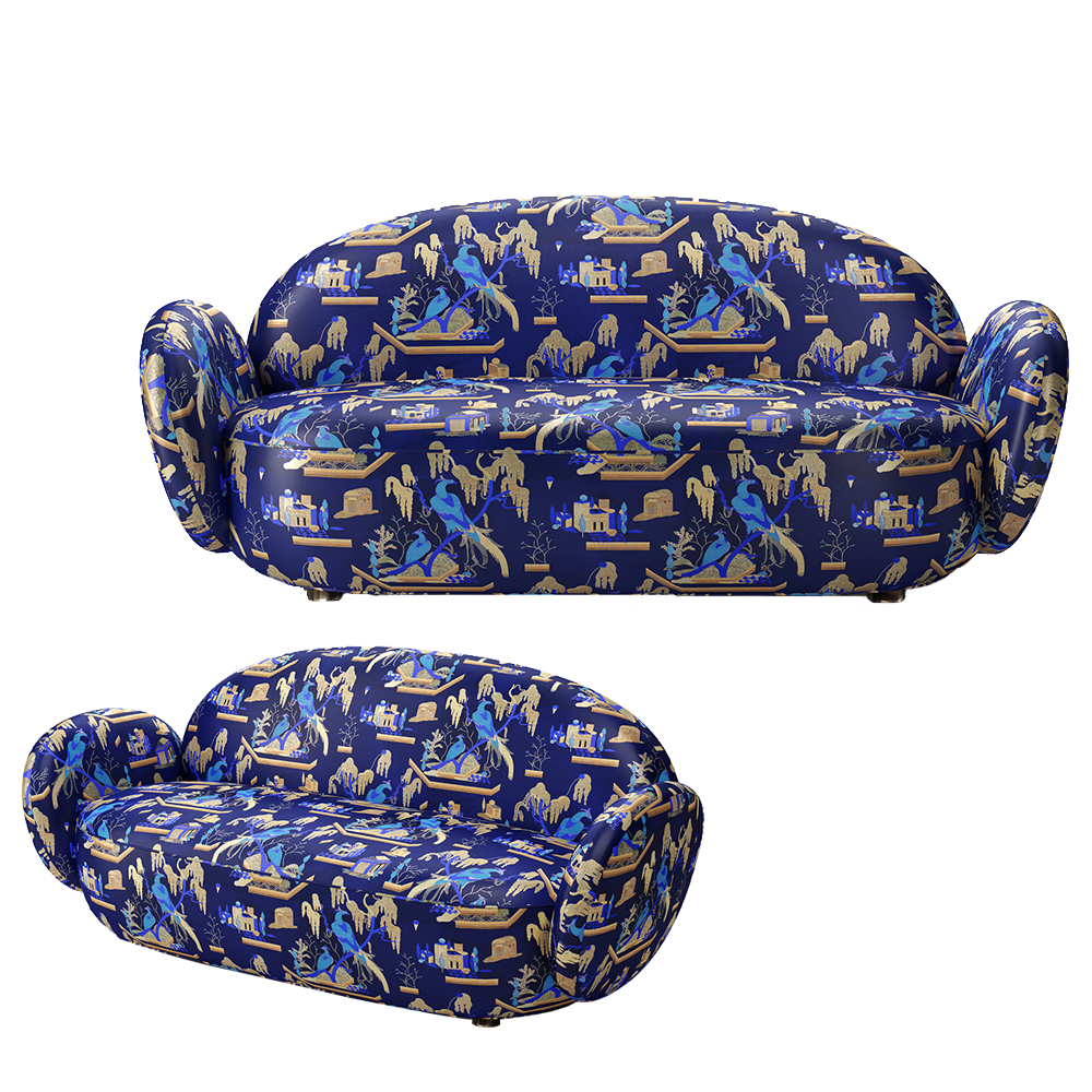 Dolce Sofa Blue ist ein kurvenreicher Dreisitzer aus blauem Plüschjacquard von Dedar Milano — verspielt, elegant und einladend.