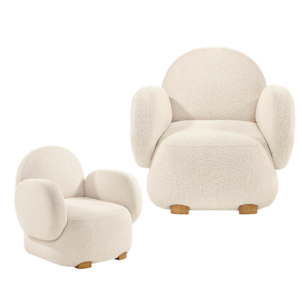 Der Dolce Armchair Ivory ist ein weicher, stilvoller Einsitzer aus elfenbeinfarbenem Boucle — kurvig und bequem für elegantes Relaxen.
