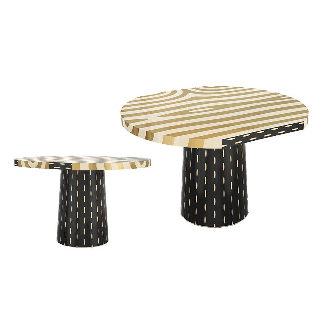 Forest Round Dining Table ist ein runder Esstisch mit Messingeinlage in Holzmaserung und einem handgefertigten Sockel mit Messingakzenten.