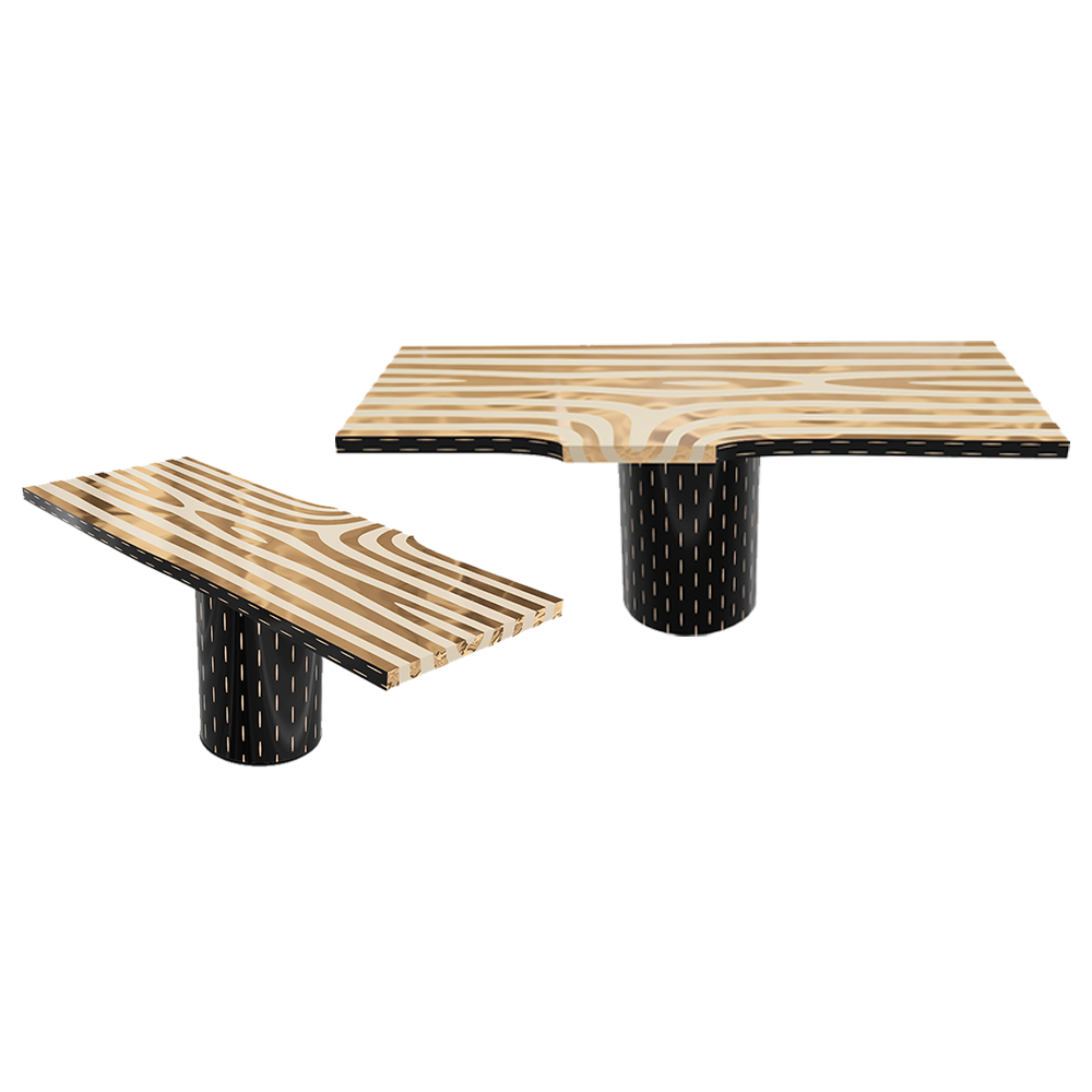 Forest Dining Table ist ein rechteckiger Esstisch mit Messingeinlegeplatte und handgefertigtem Sockel mit Messingdetails.