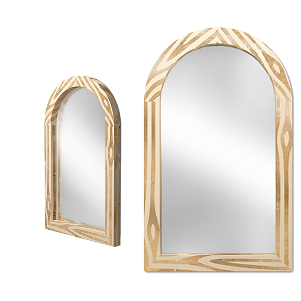 Forest Mirror ist ein gewölbter Spiegel mit Messing- und Harzeinlagen, der von natürlichem Holz inspiriert ist — elegant und künstlerisch.