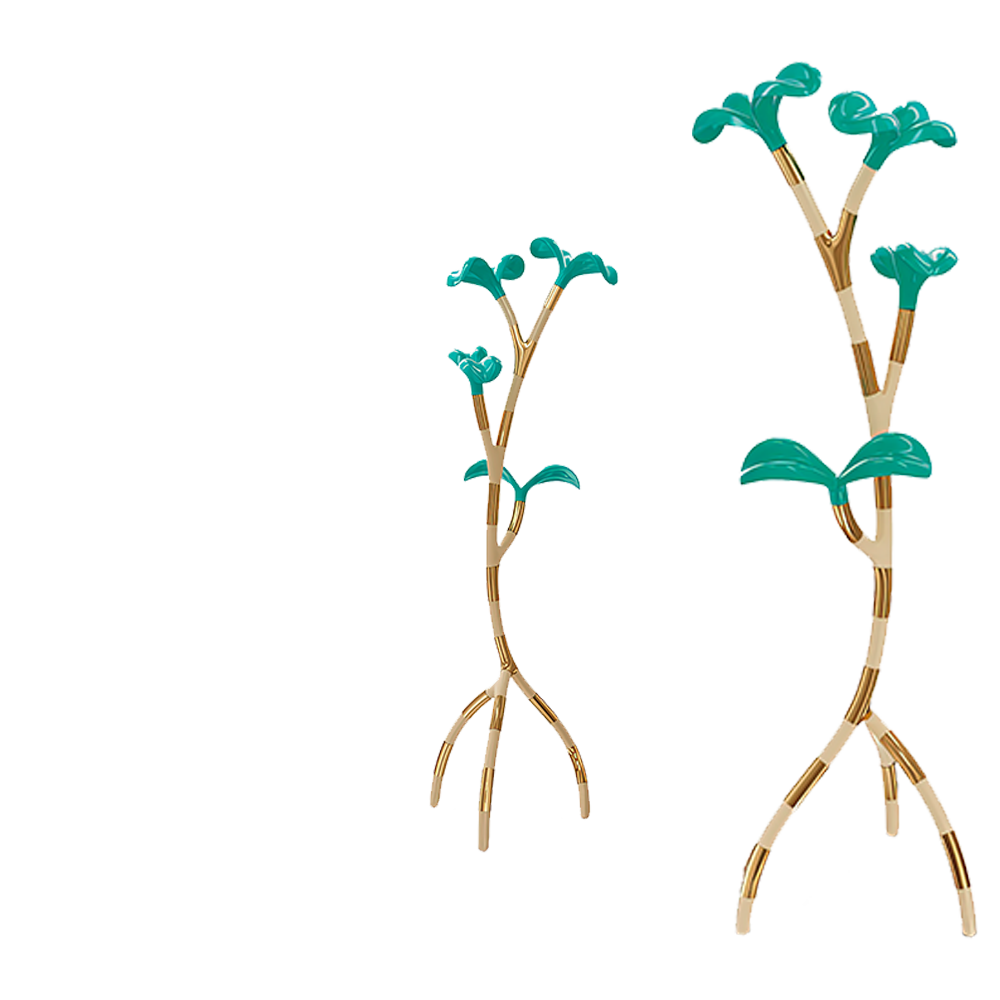 Forest Coat Hanger ist ein Kleiderbügel aus Messing mit fließenden Ästen und Blättern mit Harzdetails — organisch und stilvoll.