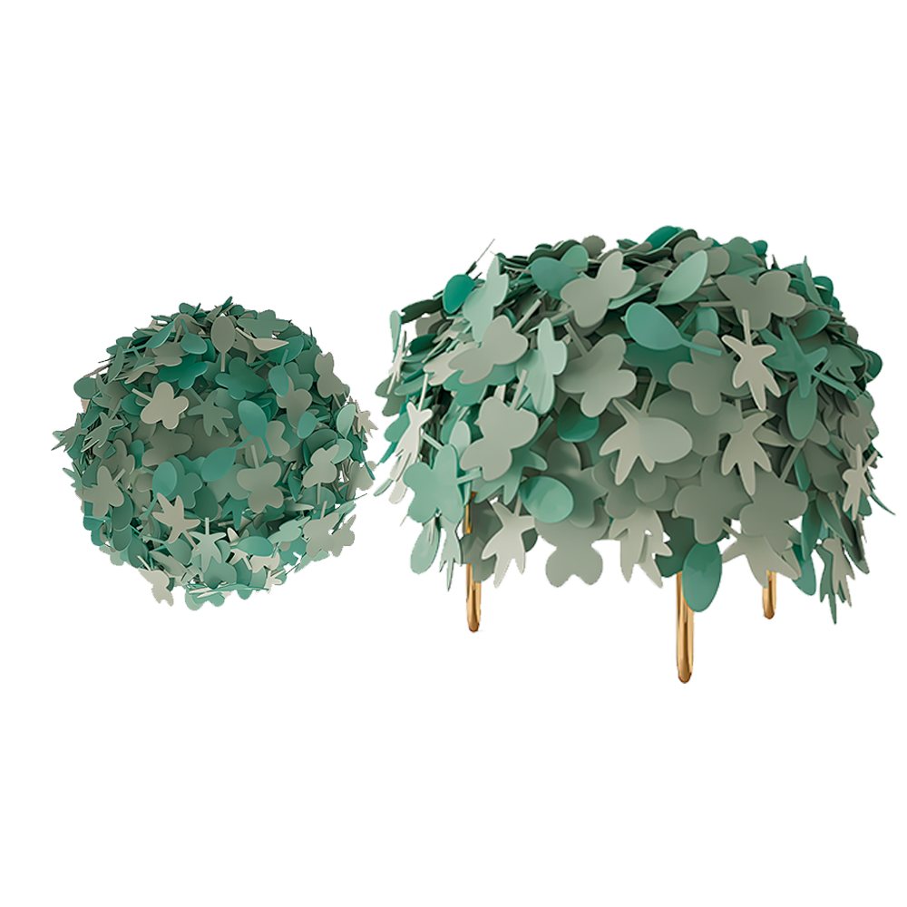 Leaf Pouffe ist ein grüner Lederpuff mit Blattformen auf goldenen Beinen — verspielt und charmant.