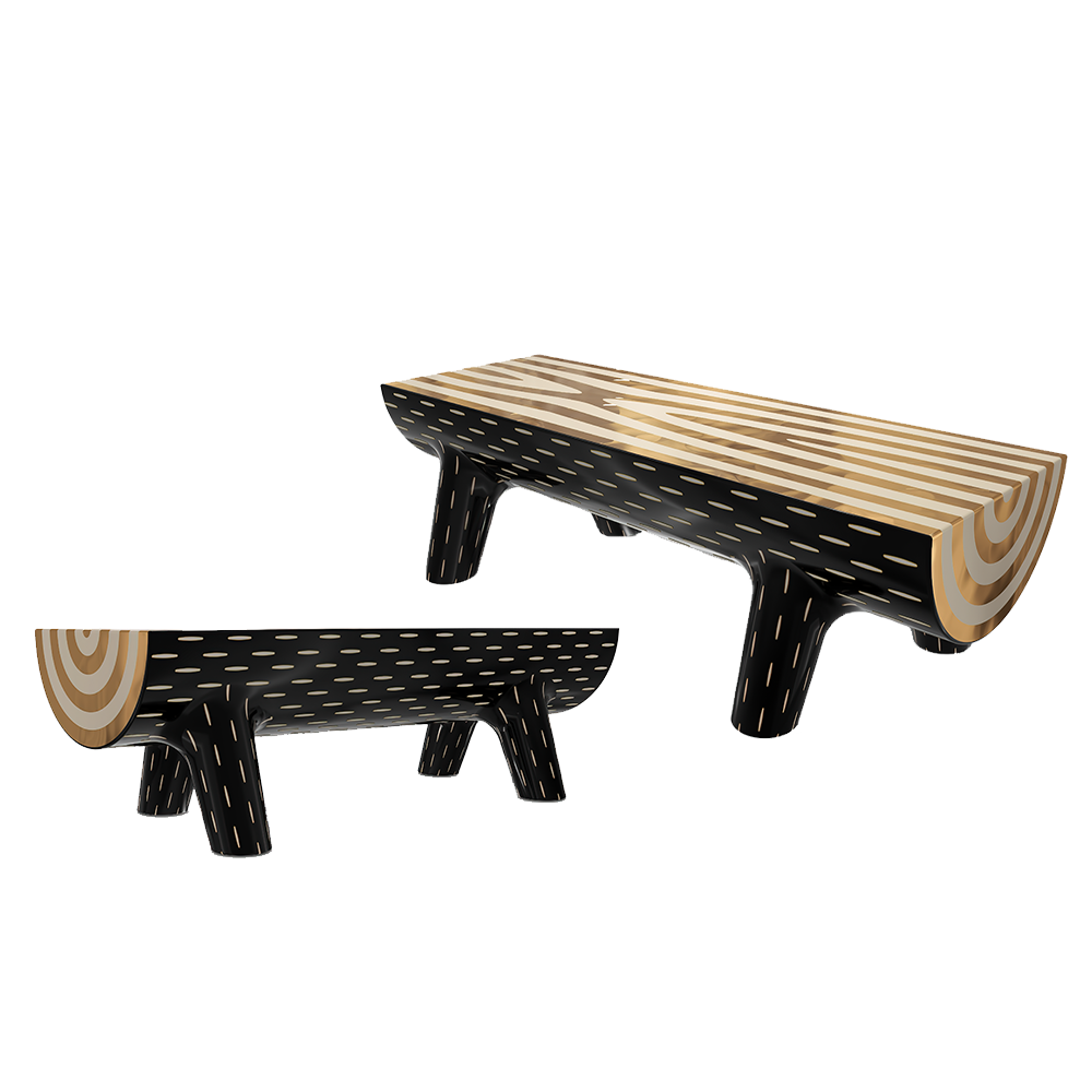 Forest Bench ist eine holzförmige Bank mit Messingeinlagen und Gehbeinen — schrullig und frech.