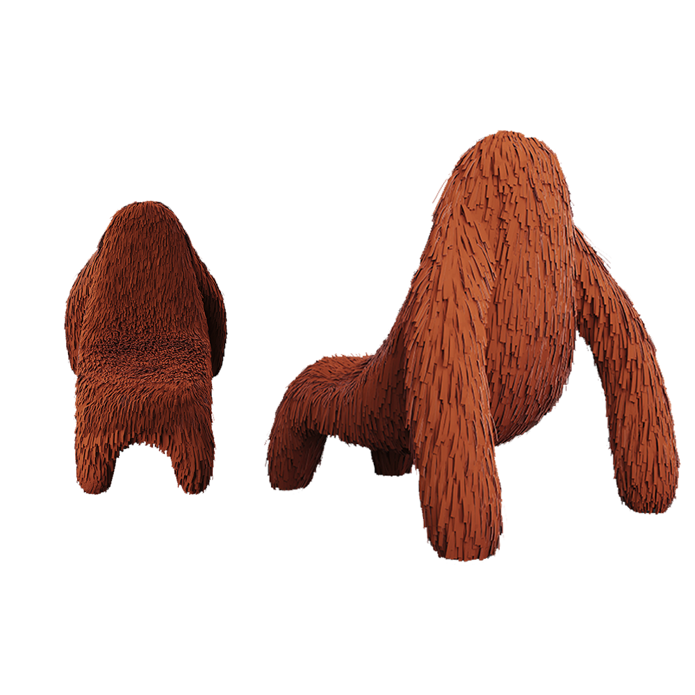 Gorilla Chair Rust ist ein gorillaförmiger Stuhl aus rostfarbenem Leder — künstlerisch und gemütlich.