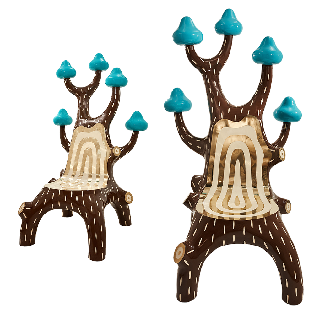 Forest Chair ist ein Pop-Sessel mit Messingeinlagen und Holzmaserungen — skurril und künstlerisch.