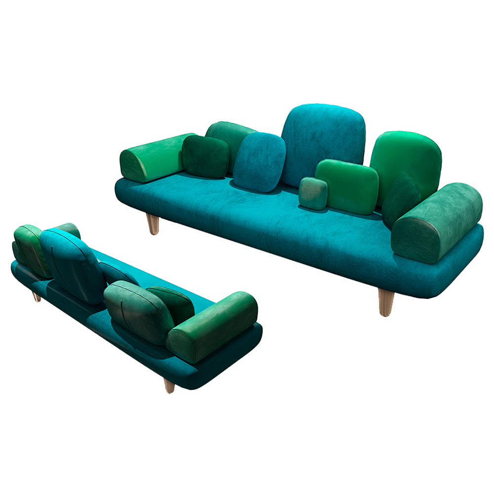 Forest Sofa Green ist ein Dreisitzer aus grünem Samt mit goldenen Beinen — üppig und stilvoll.