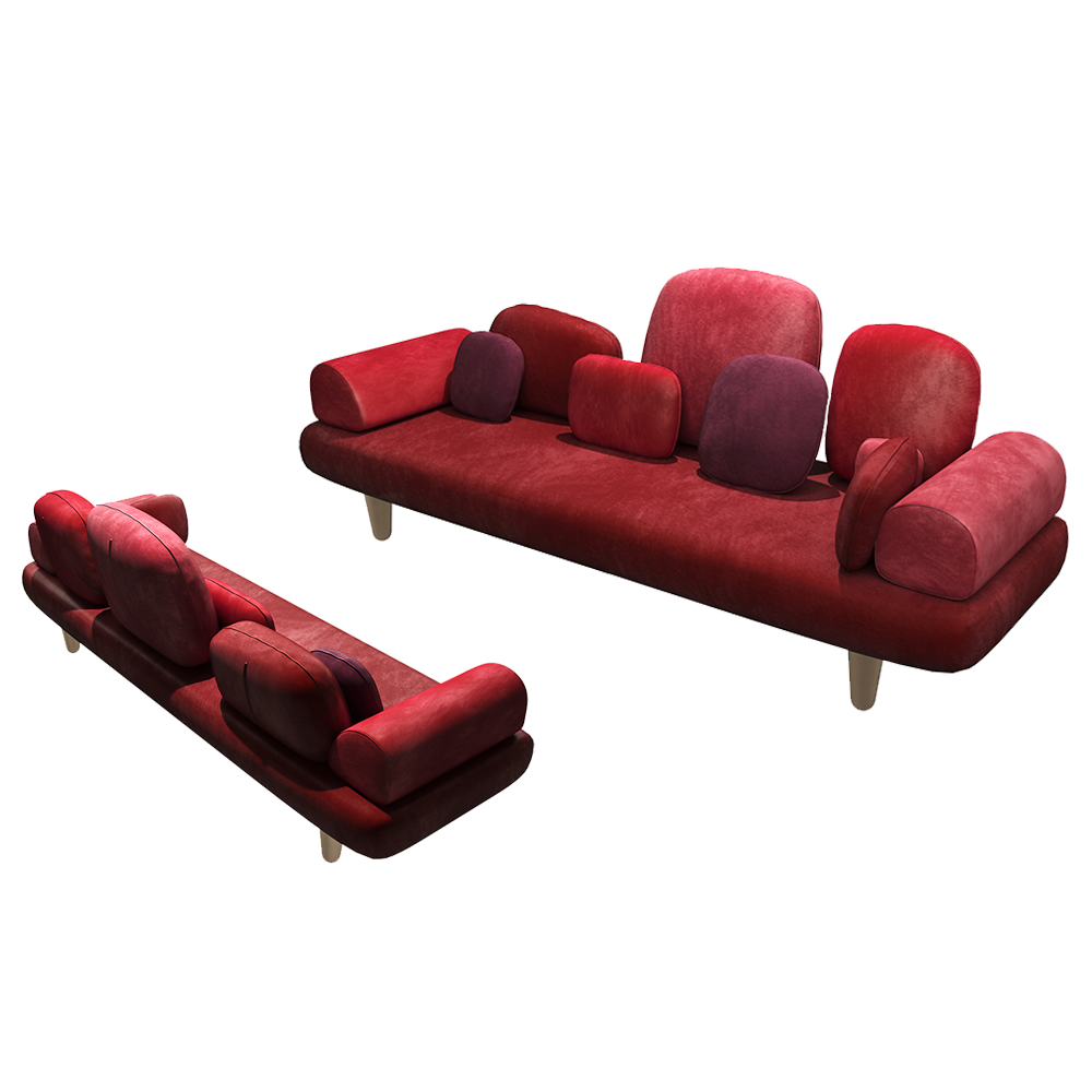 Forest Sofa Red ist ein rotes Samtsofa mit goldenen Beinen — frech und plüschig.