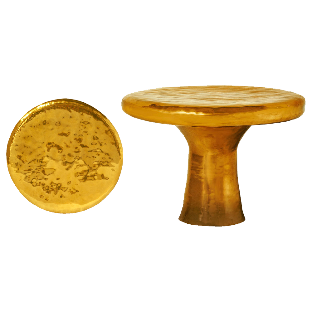 Ecstasy Dining Table ist ein Esstisch aus Messing mit kreisförmiger, wellenförmiger Tischplatte — elegant und funktionell.