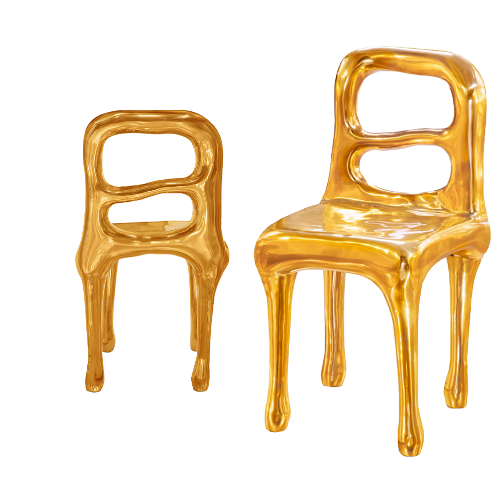 Rapture Chair ist ein ergonomischer Messingstuhl — glänzend und modern.