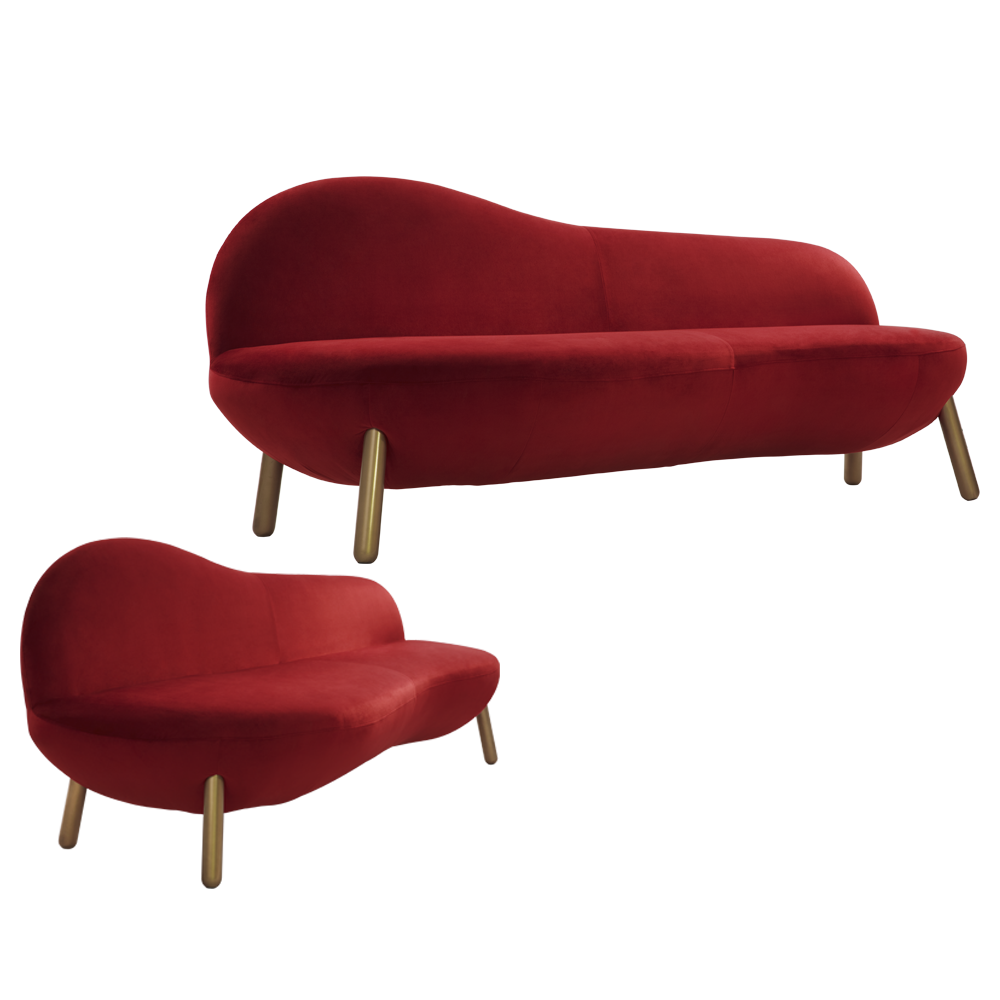 Cirrus Sofa Wine Dreisitzer-Sofa aus rotem Samt mit goldenen Beinen