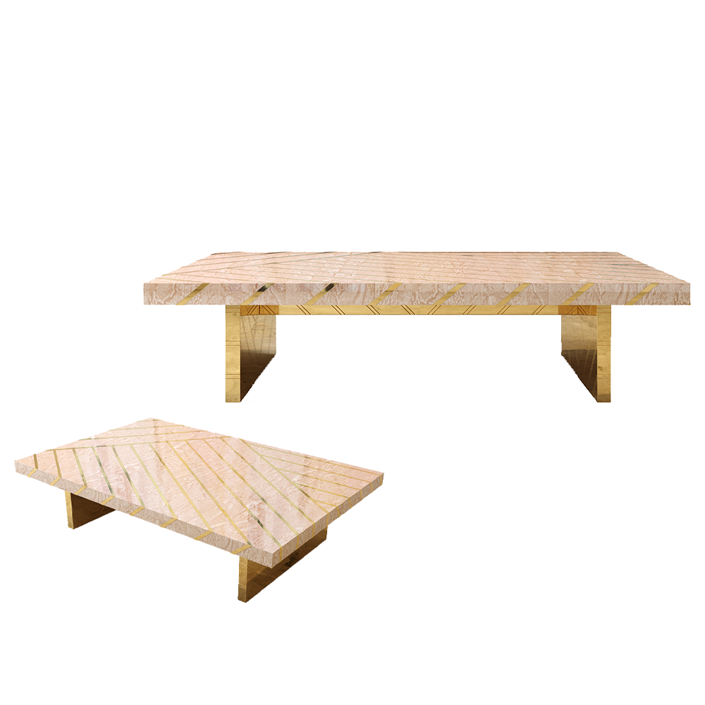 Nesso Couchtisch Beige aus Perlharz mit Messingeinlage