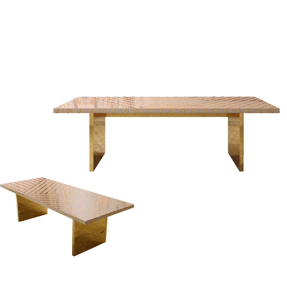 Esstisch Nesso Beige mit Einlegeplatte aus Harz und Messing