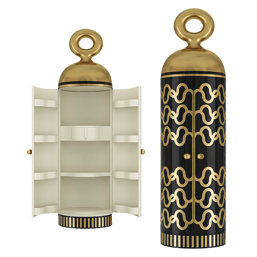 Madame Verdoux Schwarzgoldschrank mit Spitzenmotiven und elfenbeinfarbenem Interieur
