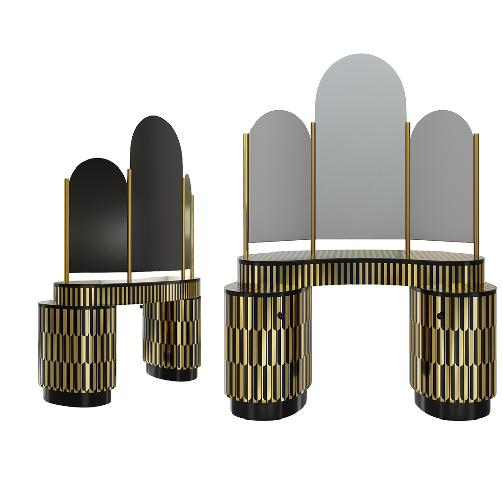 Casablanca Black Gold Vanity Table, ein großer Waschtisch aus Messing und Harz mit gewölbten Spiegeln.