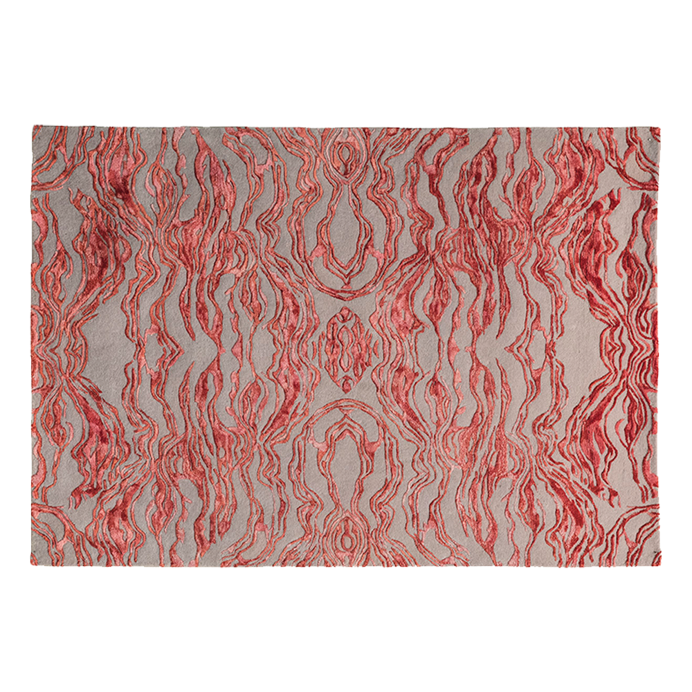 Der Teppich Carrara Rosso ist ein rot-rosafarbener Teppich aus Wolle und Viskose — lebendig und von Marmor inspiriert.