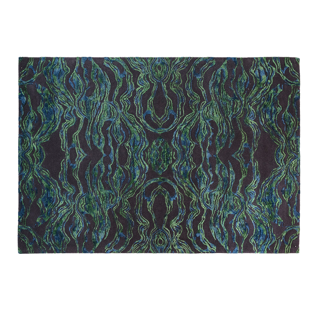 Carrara Blu Rug ist ein Teppich aus Wolle und Viskose in Blau und Grün — vom Marmor inspiriert und elegant.