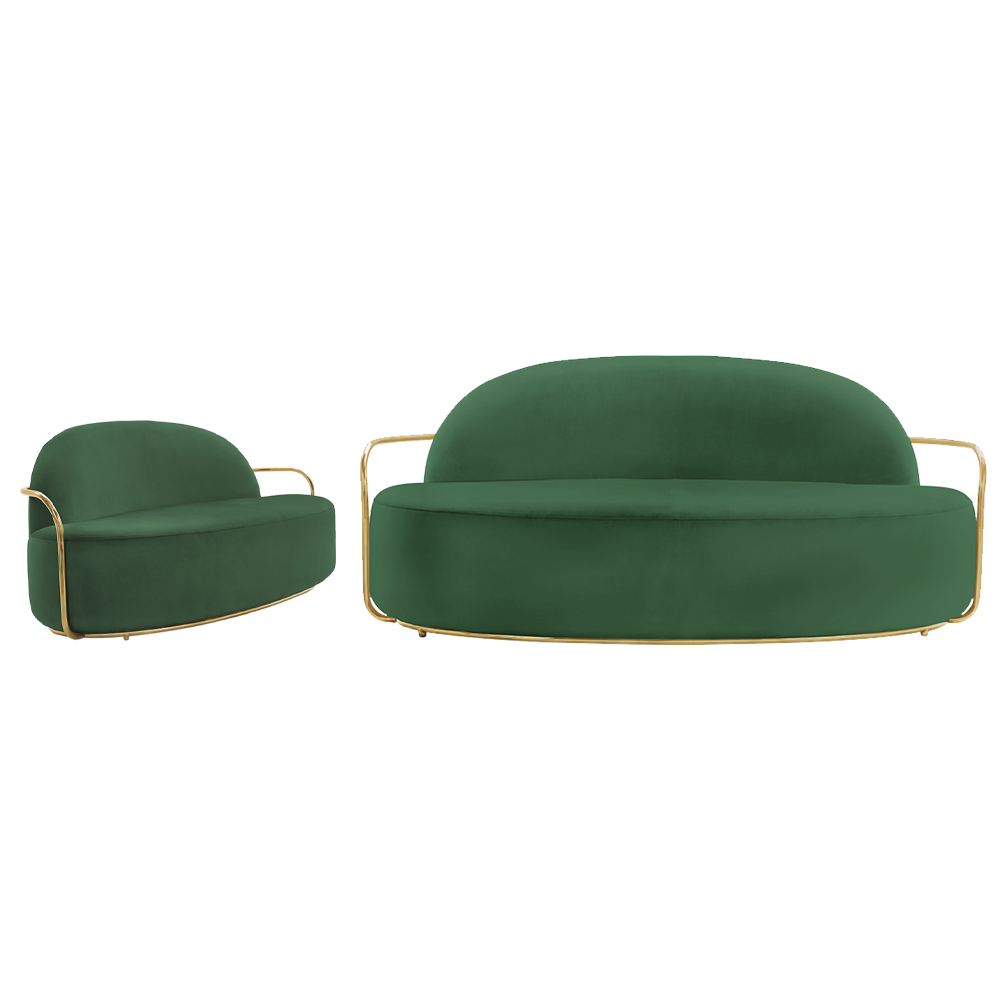 Orion Sofa Verde Oro aus tiefgrünem Samt mit goldenen Metallarmen, das zeitlosen Luxus ausstrahlt.