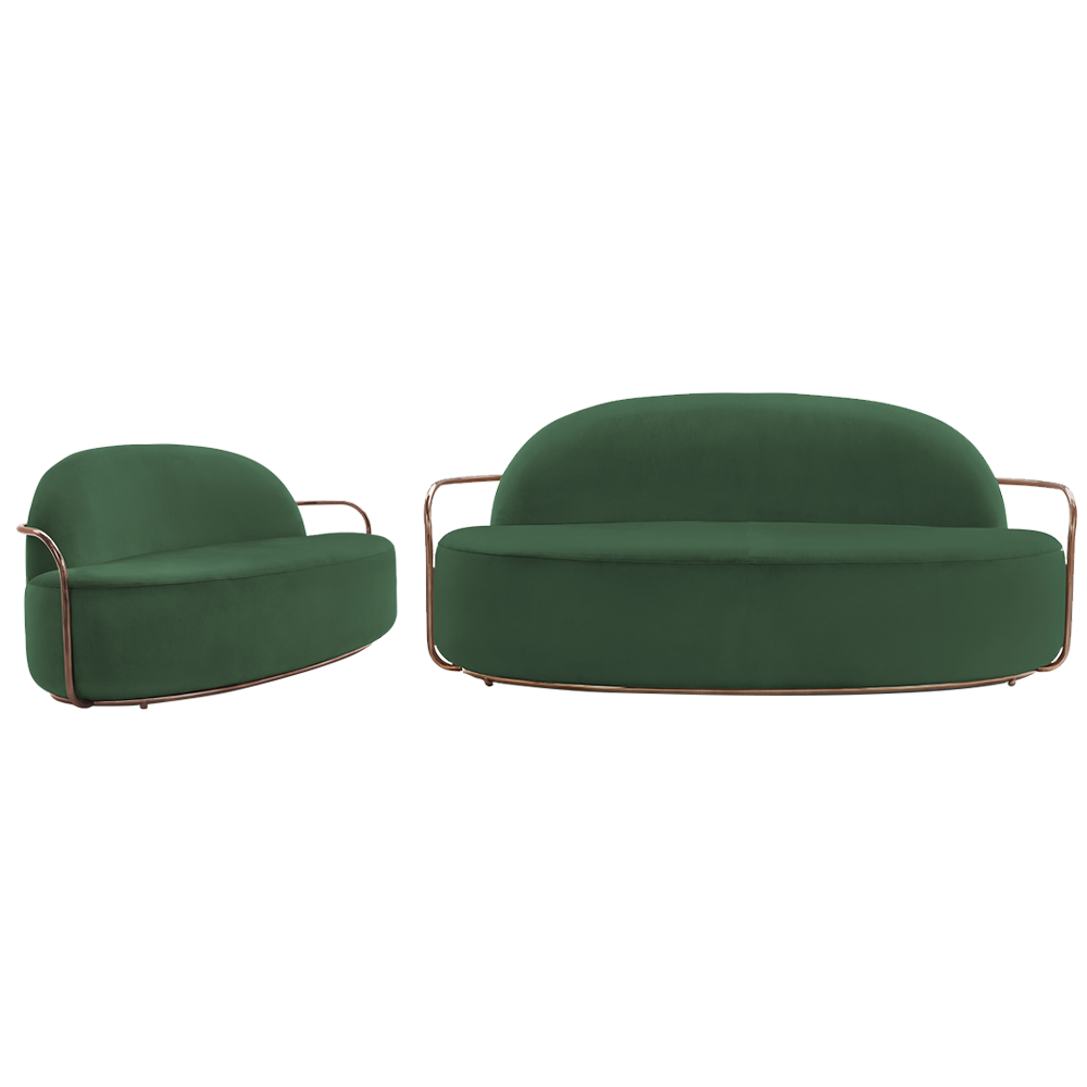 Orion Sofa Verde Rose mit tiefgrünem Samt und roségoldenen Armlehnen für einen eleganten Kontrast.