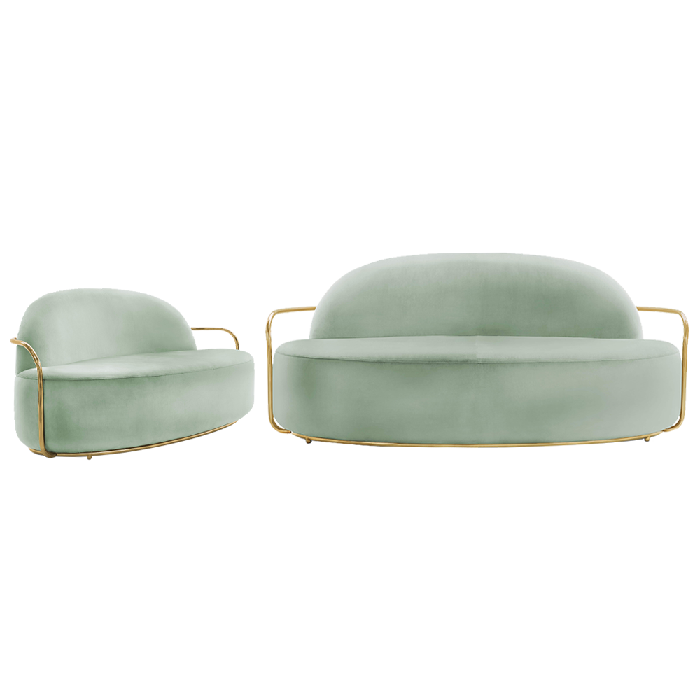 Orion Sofa Jade Oro aus mintfarbenem Samt und goldenen Metallarmen, die für moderne Eleganz sorgen.