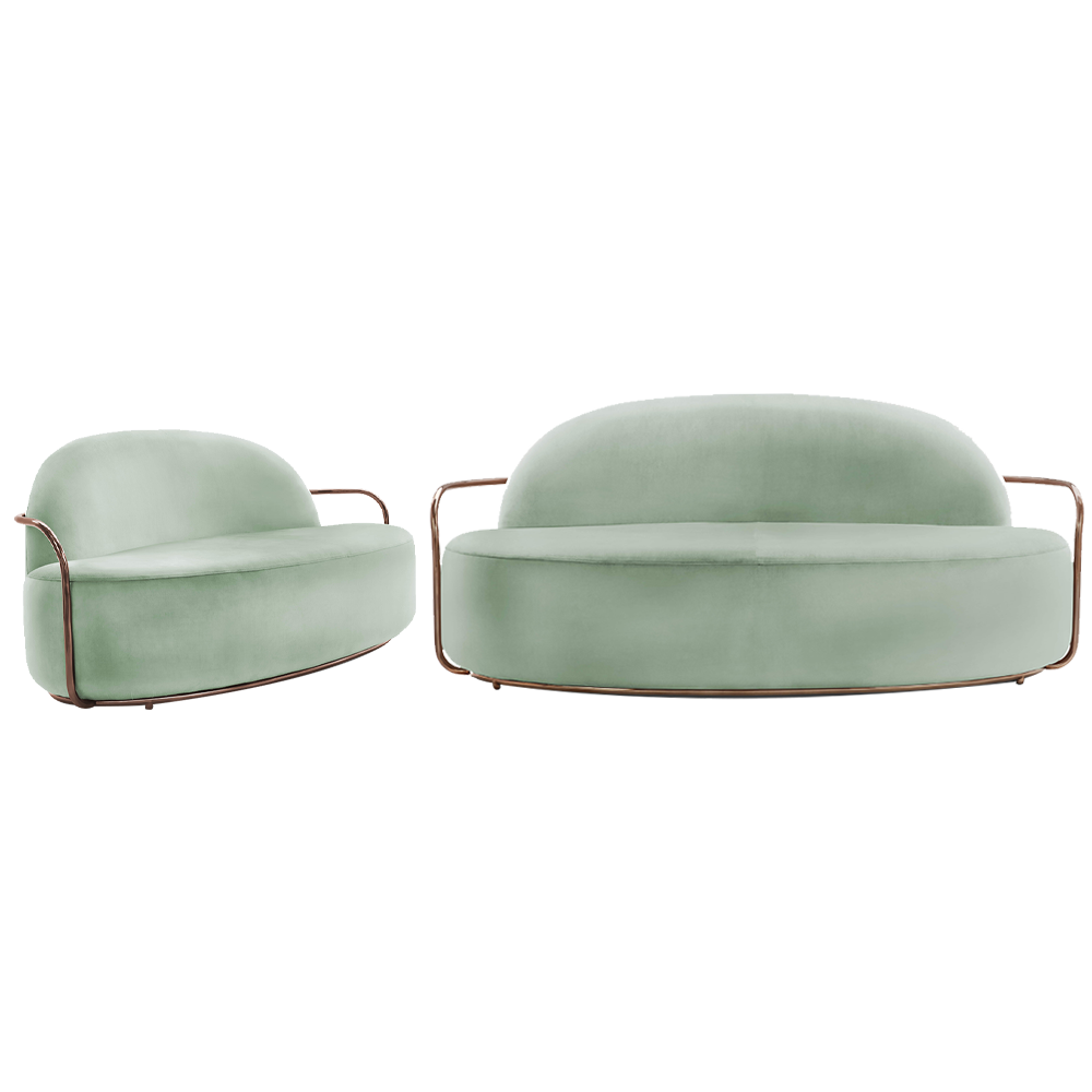 Orion Sofa Jade Rose aus mintfarbenem Samt und roségoldenen Metallakzenten, weich und stilvoll.